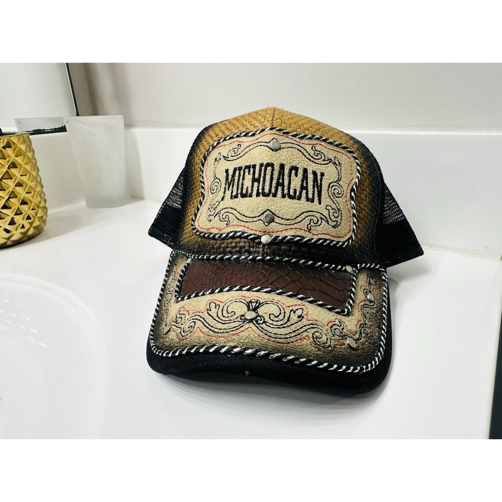 Hecho en Mexico Michoacan Embroidered Trucker Hat Brown Woven Straw Mesh Cap